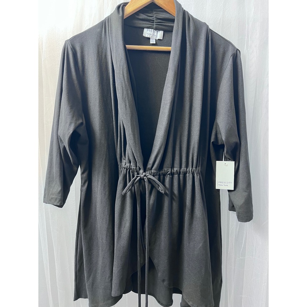 Prescott New York Womens 1X Black Drawstring Open Front Cardigan Top NWT